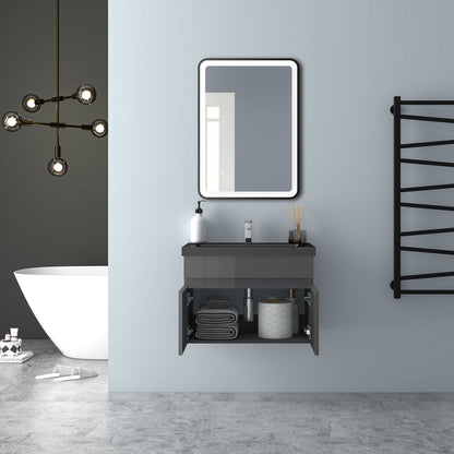 Badezimmer Badmöbel 60cm Schwarz Mineralguss Waschtisch mit Unterschrank Hängeschrank Hochglanz Dunkelgrau Badezimmerschränke Badschrank mit 2 Soft-Close Türen