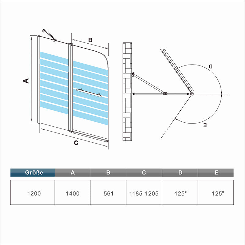 Badewannenaufsatz 120 x H.140 cm Duschwand Duschabtrennung für Badewanne Duschtrennwände Sicherheitsglas Dimensions
