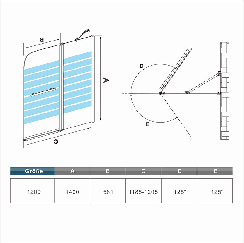 Duschabtrennung Badewannenaufsatz 120 x H.140 cm Duschwand Duschtrennwände Sicherheitsglas Dimensions