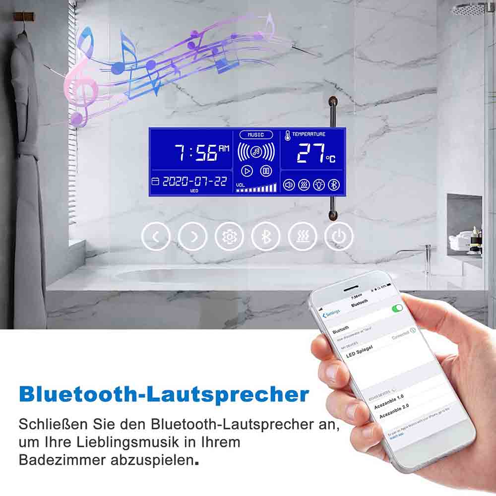 LED Spiegel 140x80 cm Bluetooth LED Schminkspiegel TOUCH BESCHLAGFREI Wandspiegel Kalt/Warmweiß
