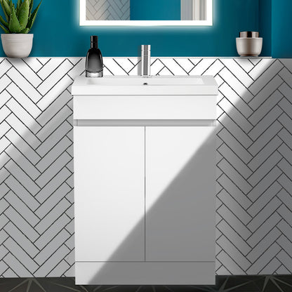 Badmöbel Set 50 cm Breit Weiß Matt Badezimmermöbel Mineralguss waschbecken mit unterschrank 2 Soft-Close Türen Standschrank