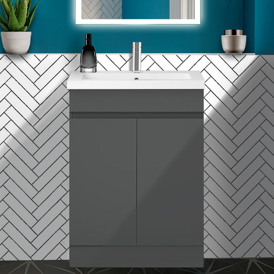 Badmöbel Set 50 cm Breit Dunkelgrau Matt Badezimmermöbel Mineralguss waschbecken mit unterschrank 2 Soft-Close Türen Standschrank