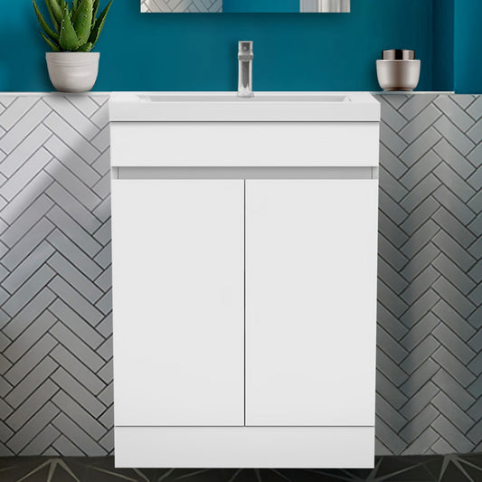 Badmöbel Set 60 cm Breit Weiß Matt Badezimmermöbel Mineralguss waschbecken mit unterschrank 2 Soft-Close Türen Standschrank