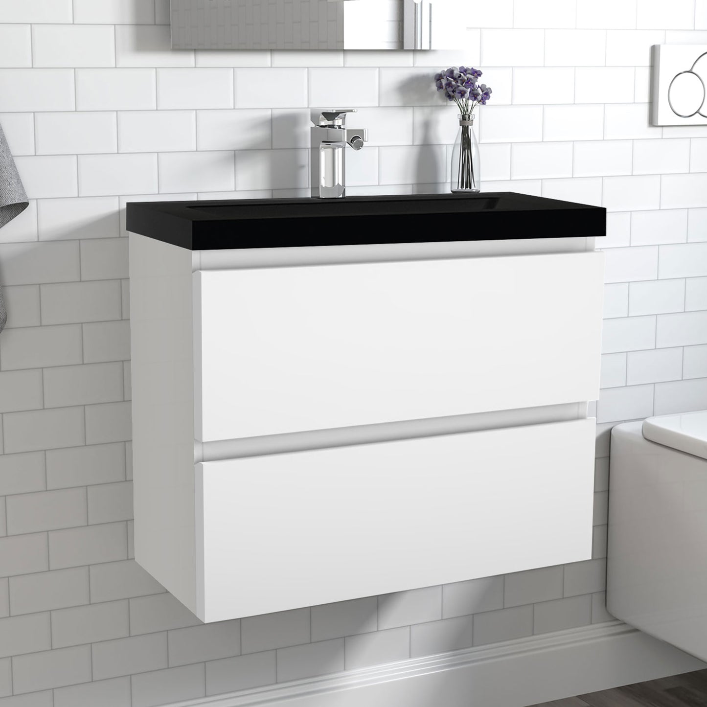 Badezimmermöbel 60cm Schwarz Mineralguss Waschtisch mit Unterschrank Badmöbel set Badezimmerschränke mit 2 Soft-Close Schubladen Hochglanz Weiß