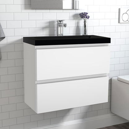Badezimmermöbel 60cm Schwarz Mineralguss Waschtisch mit Unterschrank Badmöbel set Badezimmerschränke mit 2 Soft-Close Schubladen Hochglanz Weiß