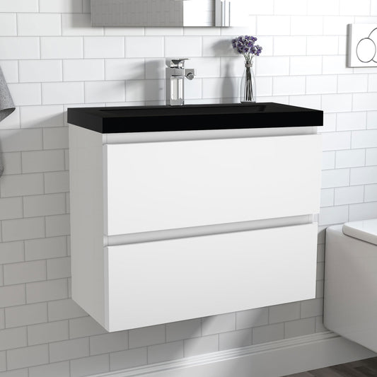 Badezimmermöbel 60cm Schwarz Mineralguss Waschtisch mit Unterschrank Badmöbel set Badezimmerschränke mit 2 Soft-Close Schubladen Hochglanz Weiß