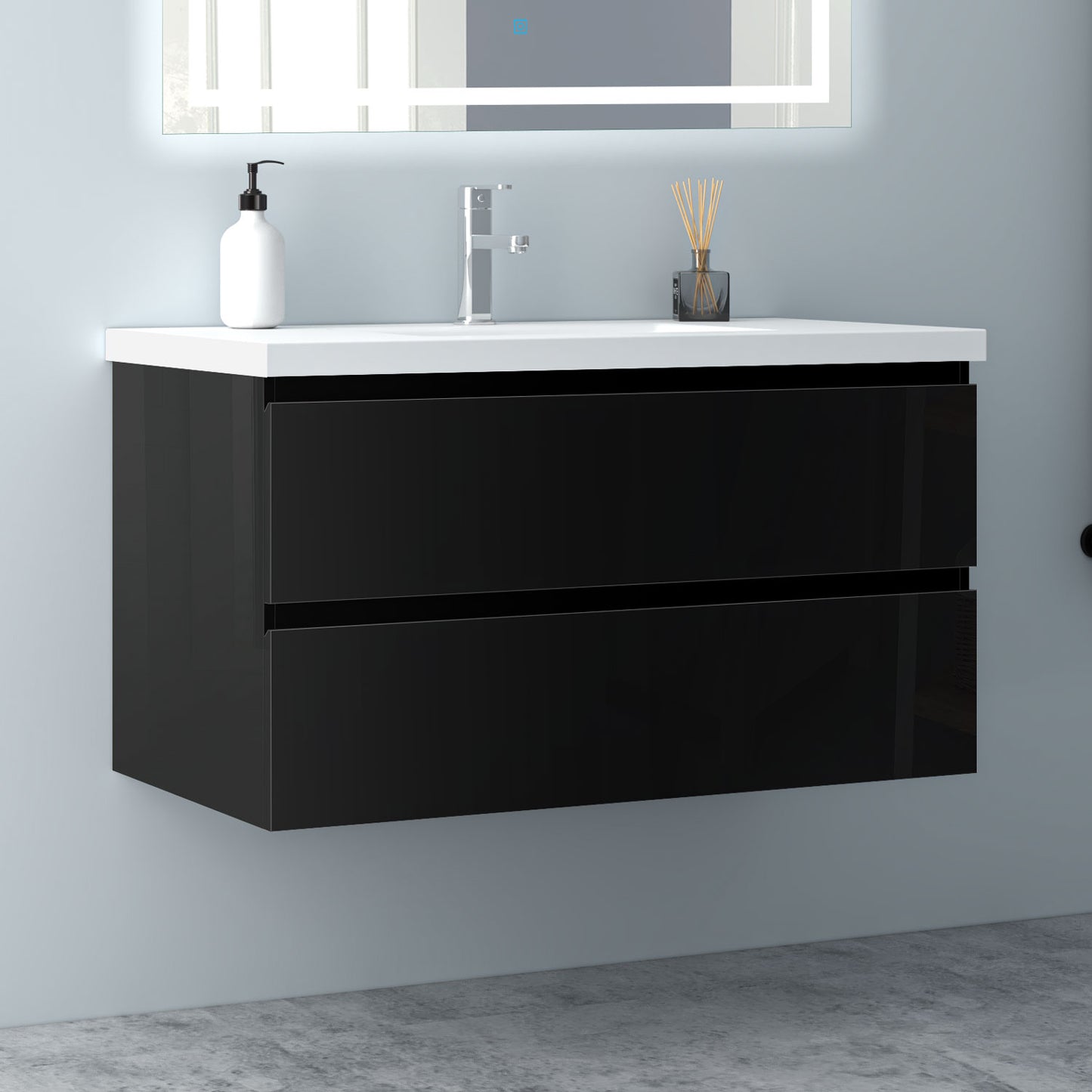 Badezimmermöbel 100cm Mineralguss Waschtisch mit Unterschrank Badmöbel set Badezimmerschränke mit 2 Soft-Close Schubladen Hochglanz Schwarz