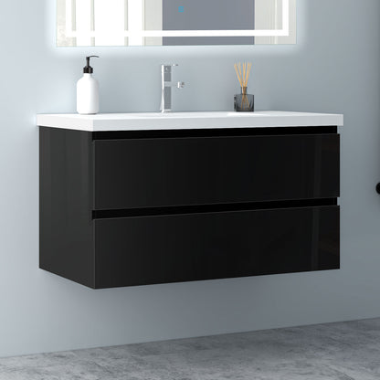 Badezimmermöbel 100cm Mineralguss Waschtisch mit Unterschrank Badmöbel set Badezimmerschränke mit 2 Soft-Close Schubladen Hochglanz Schwarz
