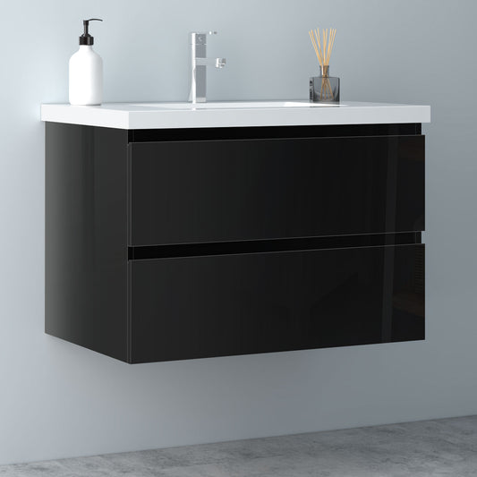 Badezimmermöbel 80cm Mineralguss Waschtisch mit Unterschrank Badmöbel set Badezimmerschränke mit 2 Soft-Close Schubladen Hochglanz Schwarz