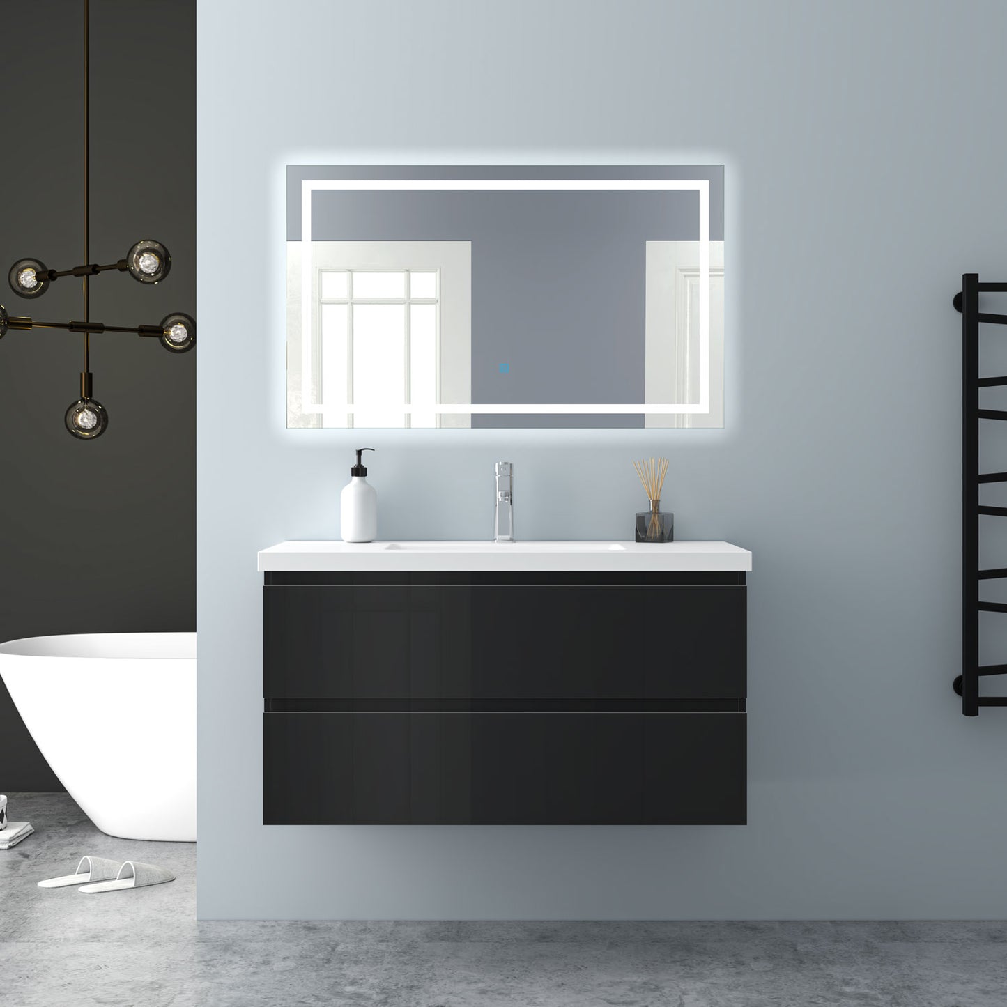 Badezimmermöbel 100cm Mineralguss Waschtisch mit Unterschrank Badmöbel set Badezimmerschränke mit 2 Soft-Close Schubladen Hochglanz Schwarz