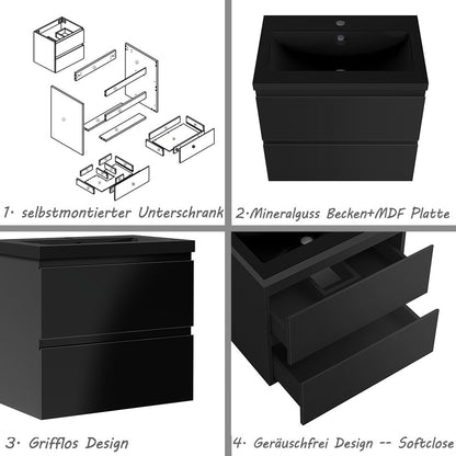 Badezimmermöbel 60cm Schwarz Mineralguss Waschtisch mit Unterschrank Badmöbel set Badezimmerschränke mit 2 Soft-Close Schubladen Hochglanz Schwarz