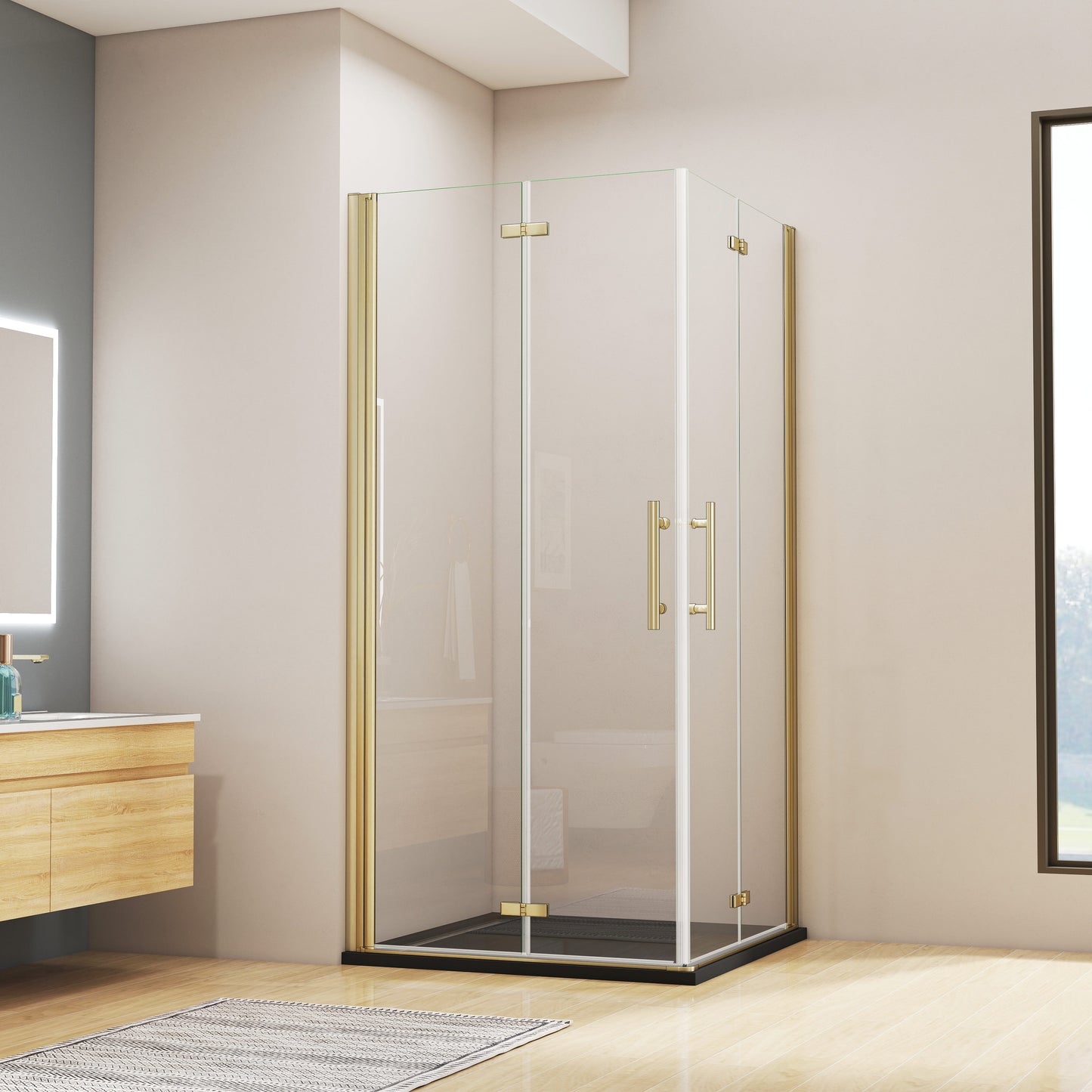 duschkabine 100x100 eckeinstieg Falttür Dusche Duschwand NANO Glas Duschabtrennung H.195 cm gold