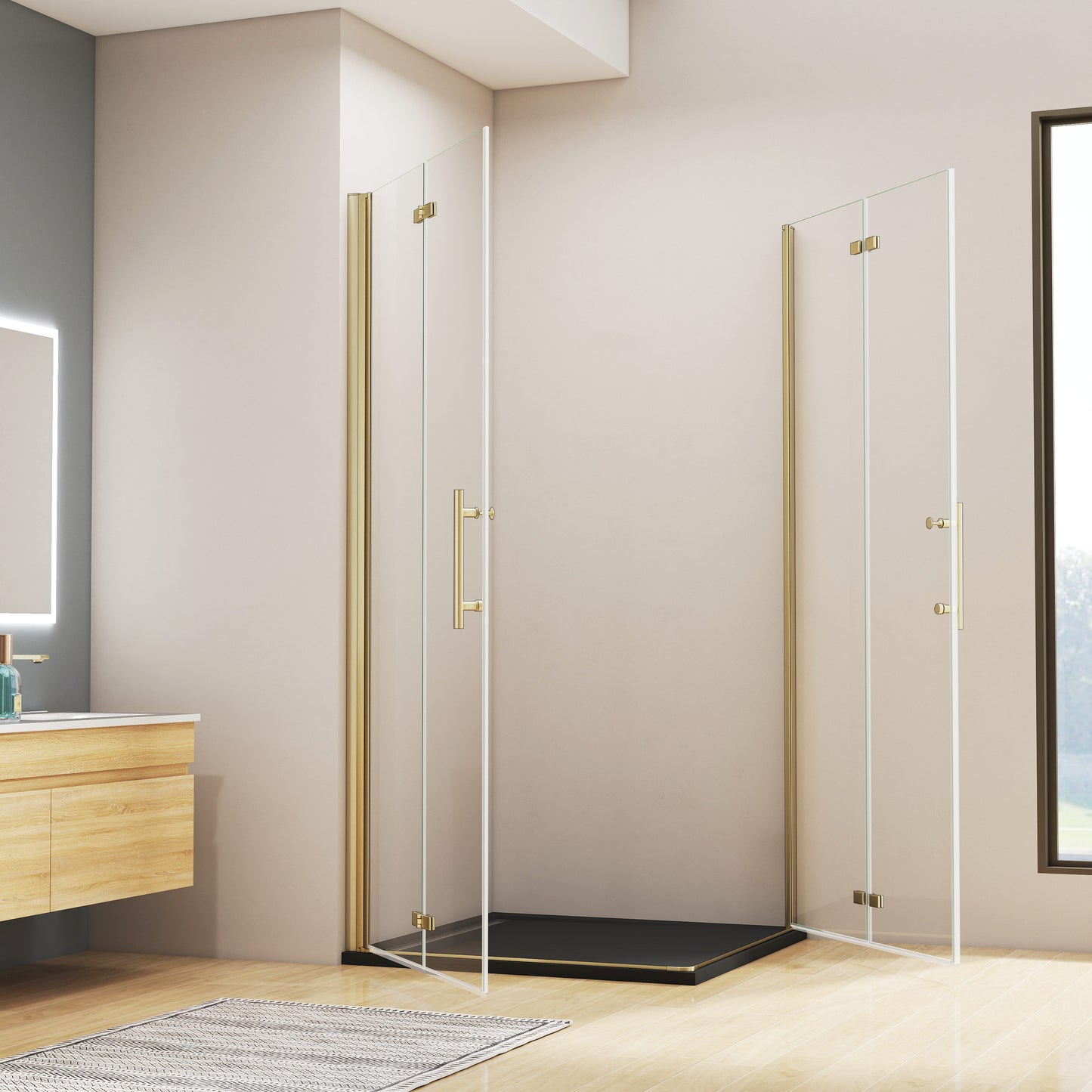 duschkabine 100x100 eckeinstieg Falttür Dusche Duschwand NANO Glas Duschabtrennung H.195 cm gold