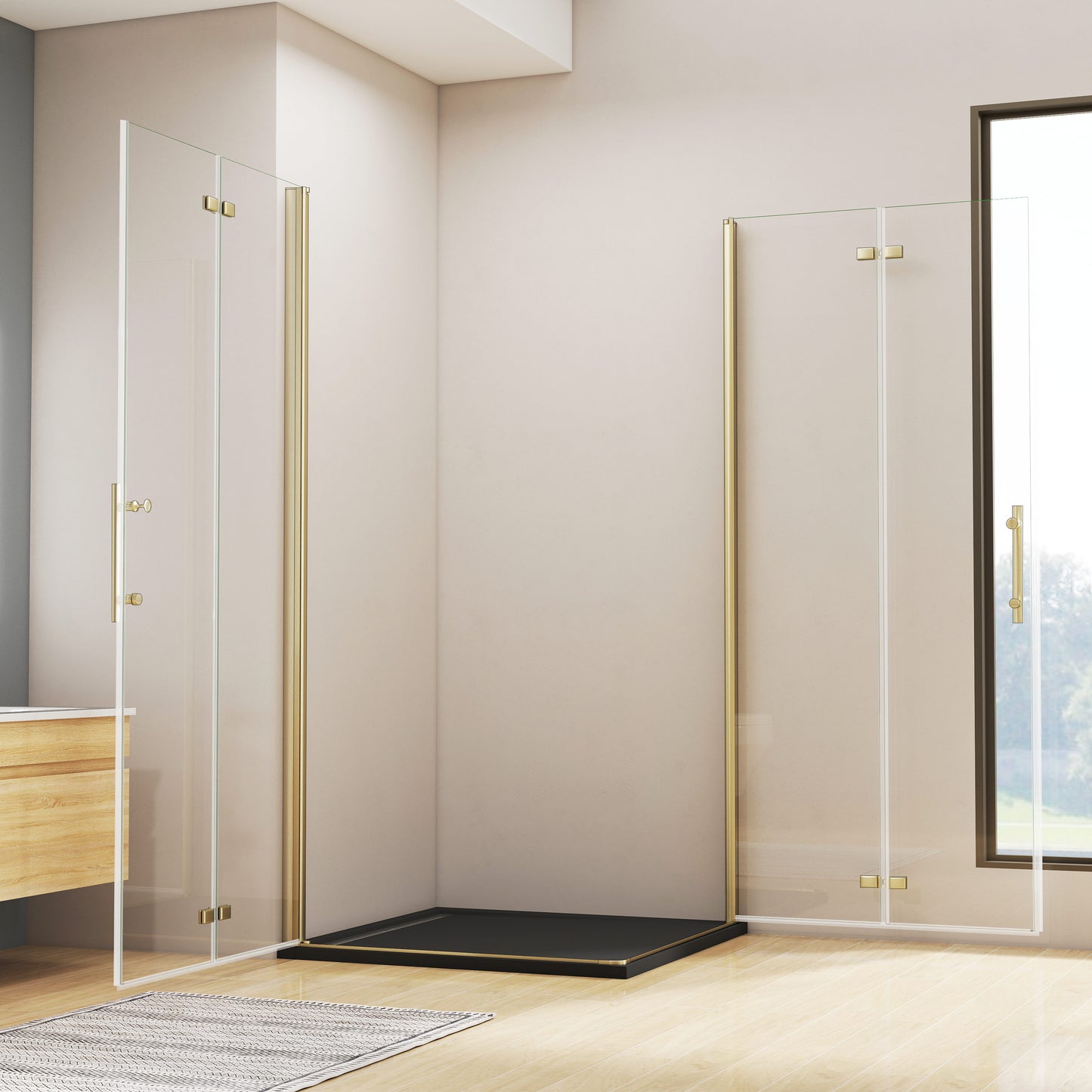 duschkabine 100x100 eckeinstieg Falttür Dusche Duschwand NANO Glas Duschabtrennung H.195 cm gold