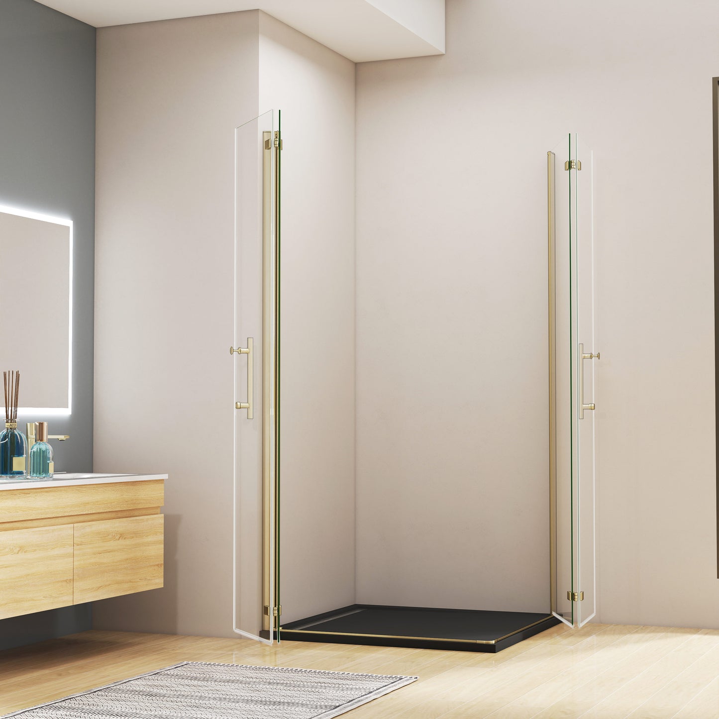 duschkabine 100x100 eckeinstieg Falttür Dusche Duschwand NANO Glas Duschabtrennung H.195 cm gold