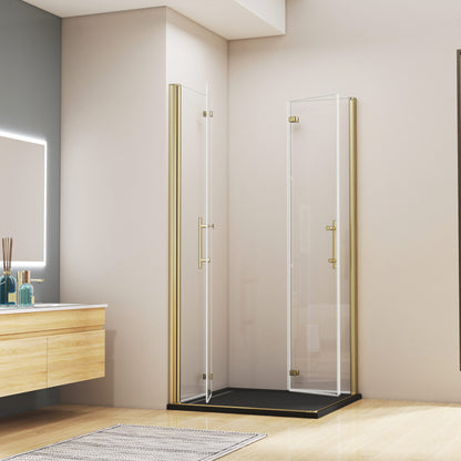 duschkabine 100x100 eckeinstieg Falttür Dusche Duschwand NANO Glas Duschabtrennung H.195 cm gold