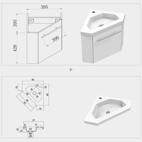 Eck-Badmöbel Set Weiß Waschbecken mit Unterschrank inkl. 1-Tür Soft-Close Funktion