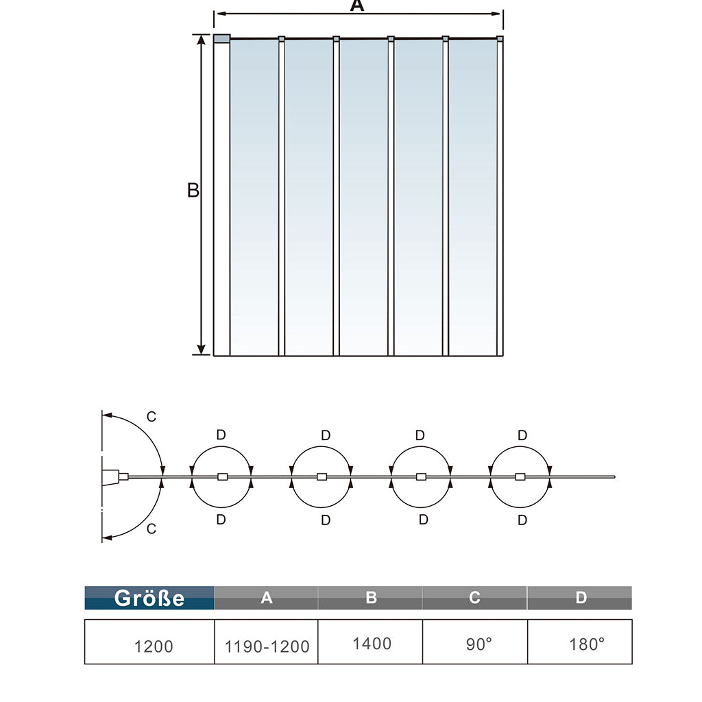 Duschabtrennung Badewannenaufsatz 120 x H.140 cm Duschwand Badewannenfaltwand 5-teilig faltbar Glasdusche Dimensions