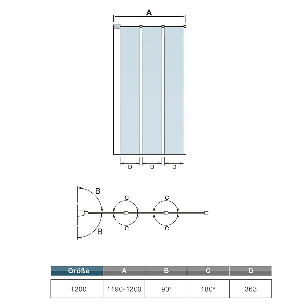 Duschabtrennung Badewannenaufsatz 120 x H.140 cm Duschwand Badewannenfaltwand 3-teilig Glasdusche ESG Sicherheitsglas Dimensions