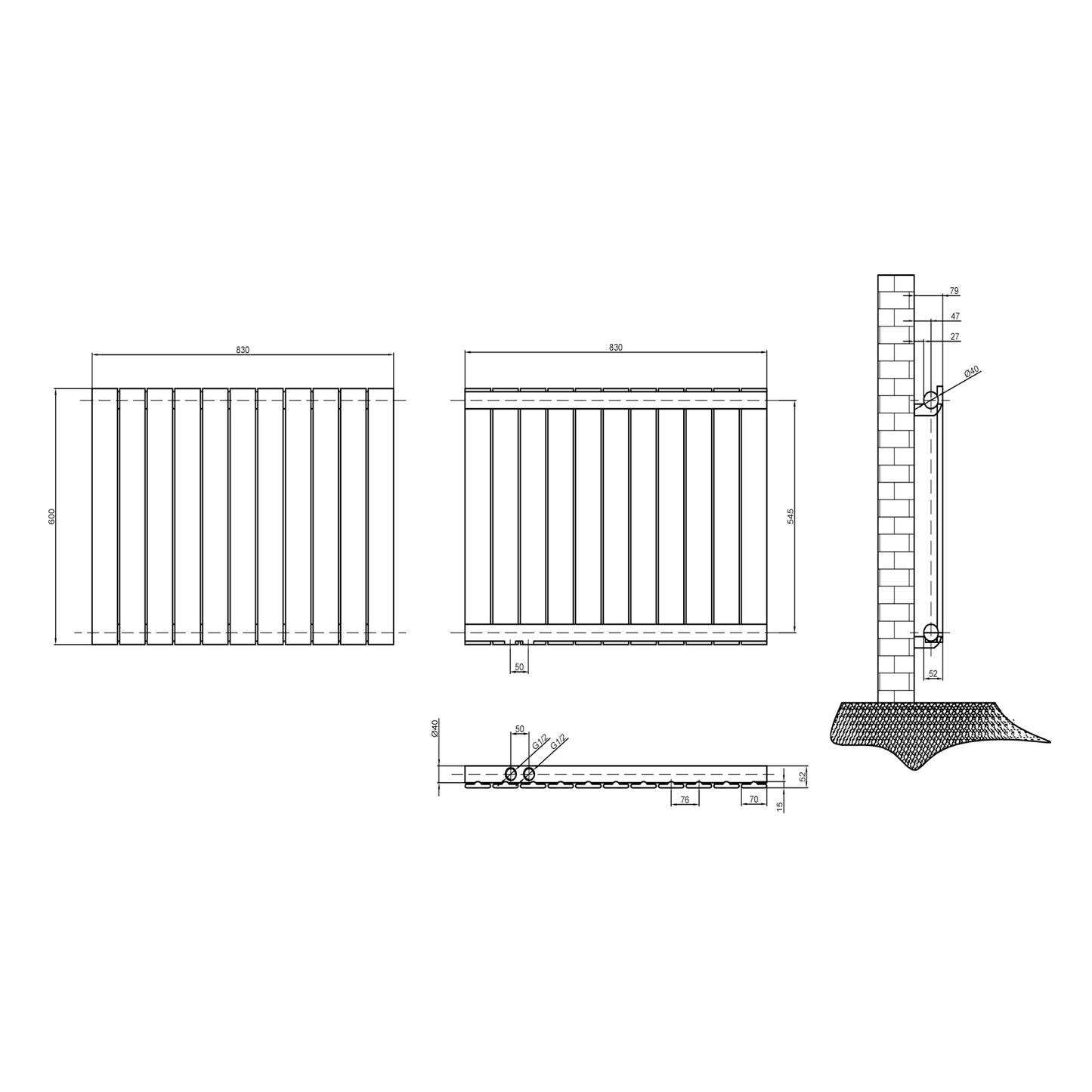 Heizkörper Flach 600x830mm Design-Heizkörper Paneelheizkörper Einlagig Horizontal Seitenanschluss