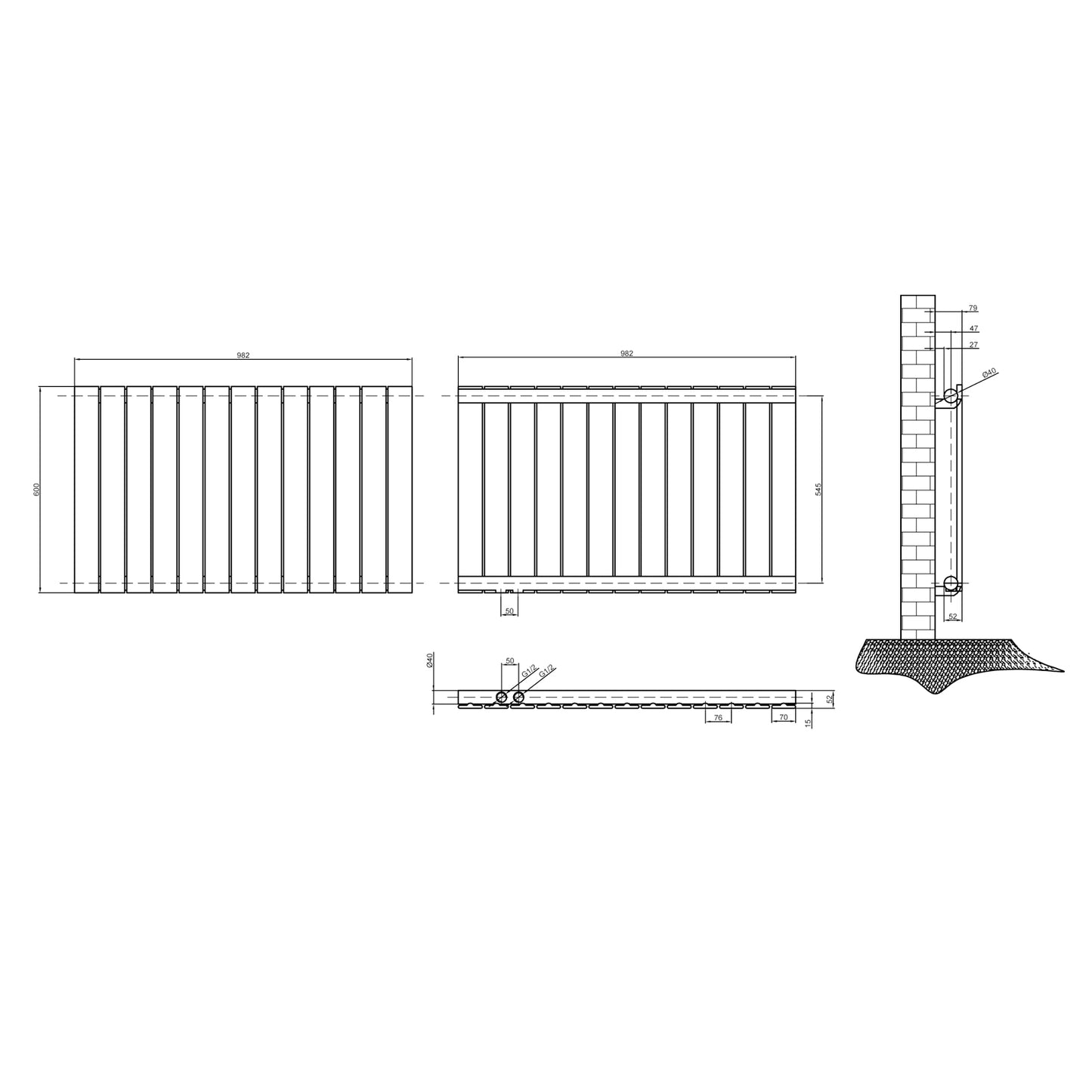 Heizkörper Flach 600x982mm Design-Heizkörper Paneelheizkörper Einlagig Horizontal Seitenanschluss 767W