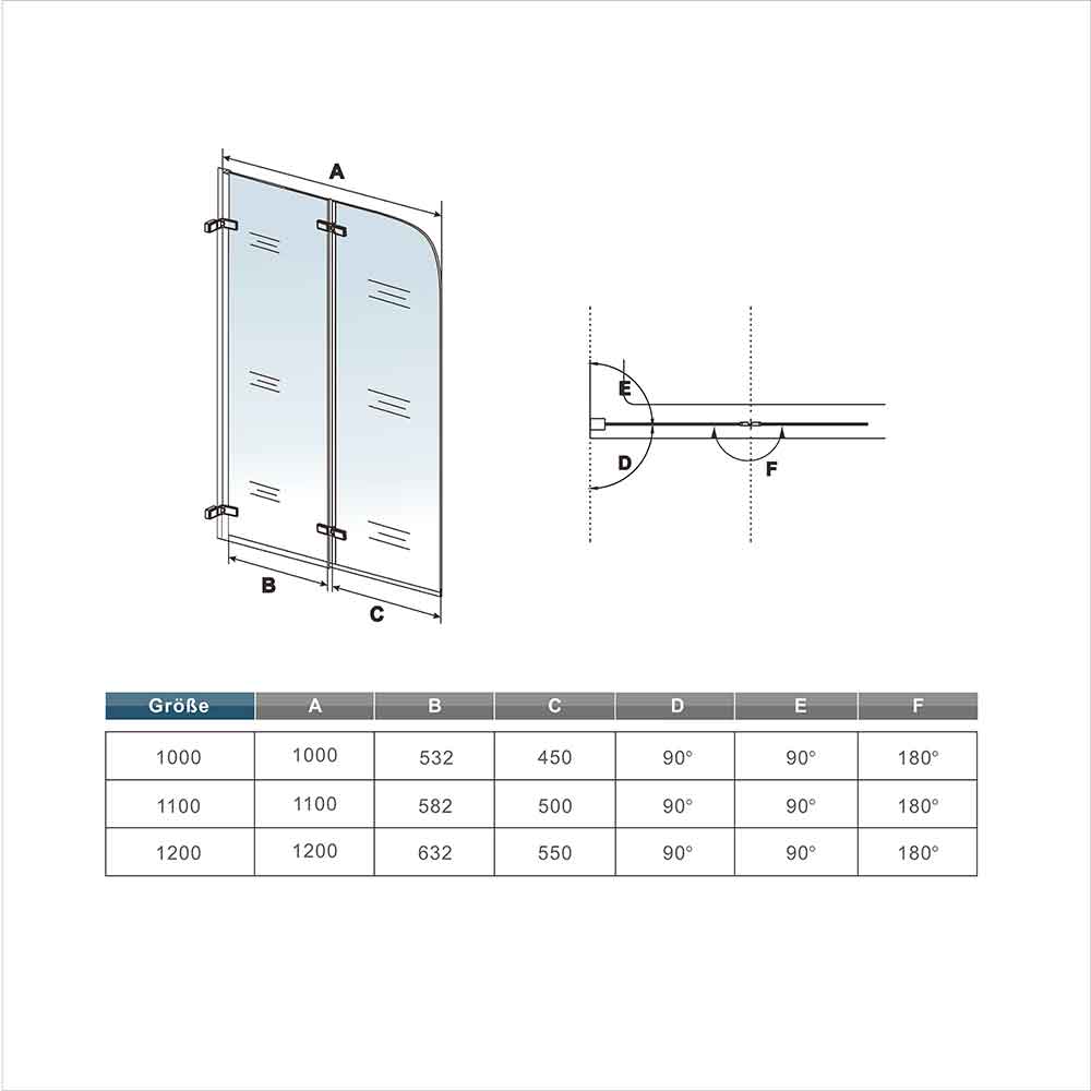 Duschabtrennung Badewannenaufsatz ESG Sicherheitsglas 110 x H.140 cm Duschwand Glasdusche Dimensions