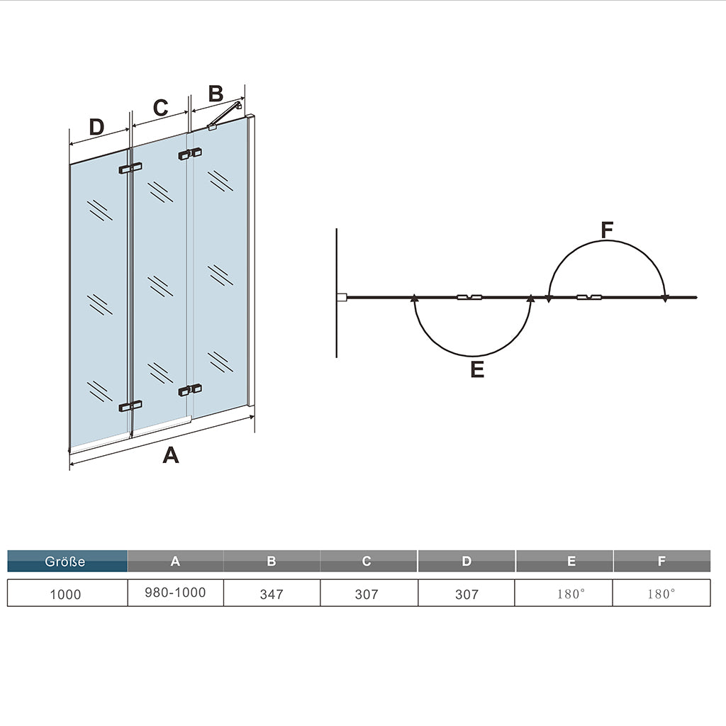 Badewannenaufsatz 100 x H.140 cm Duschwand Duschabtrennung für Badewanne Duschtrennwände Glas Dimensions