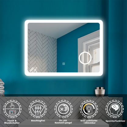 LED Badspiegel mit 3-fache Vergrößerung Beschlagfrei Badezimmer Spiegel mit Speicherfunktion Warm/Neutral/Kaltweiß Dimmbar CE IP44 80x60cm