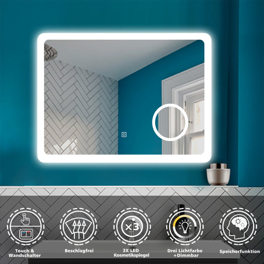 LED Wandspiegel 120×60cm Touch/Wandschalter Beschlagfrei 3 Lichtfarbe Dimmbar Badezimmerspiegel mit 3-Fach Vergrößerung Schminkspiegel IP44