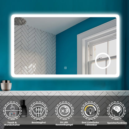 LED Badspiegel mit 3-fache Vergrößerung Beschlagfrei Badezimmer Spiegel mit Speicherfunktion Warm/Neutral/Kaltweiß Dimmbar CE IP44 140x80cm