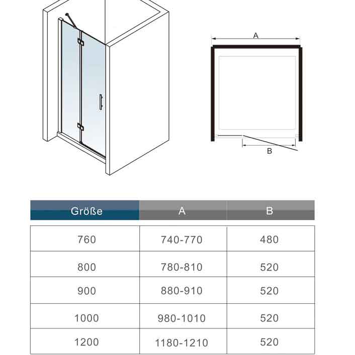 Glastür Drehtür Nischentür Nischenduschtür 80 x H.185 mit Duschtasse / Duschwanne 100x80 cm Duschabtrennung Glas Dimensions