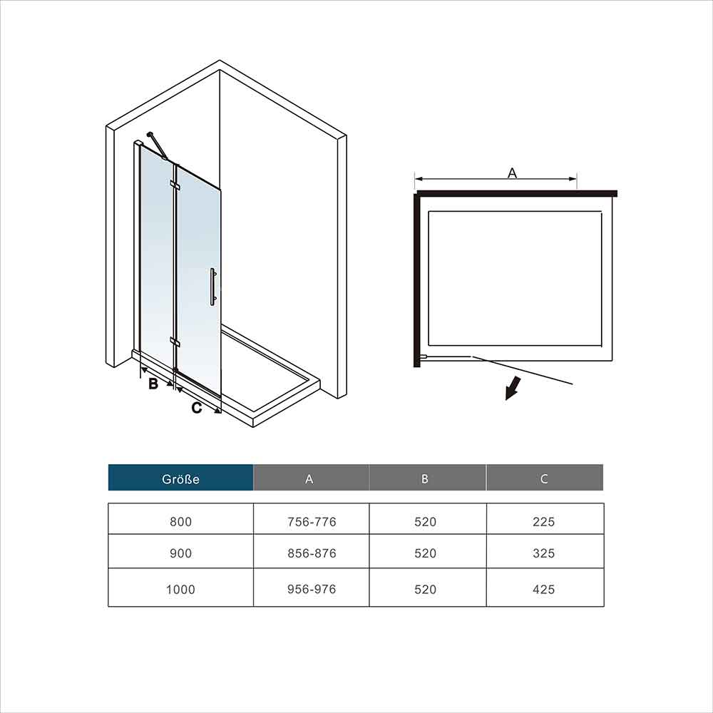 Glastür Walk In Drehtür 116 x H.195 cm Duschtür Ebenerdig Duschabtrennung Sicherheitsglas Dusche Dimensions