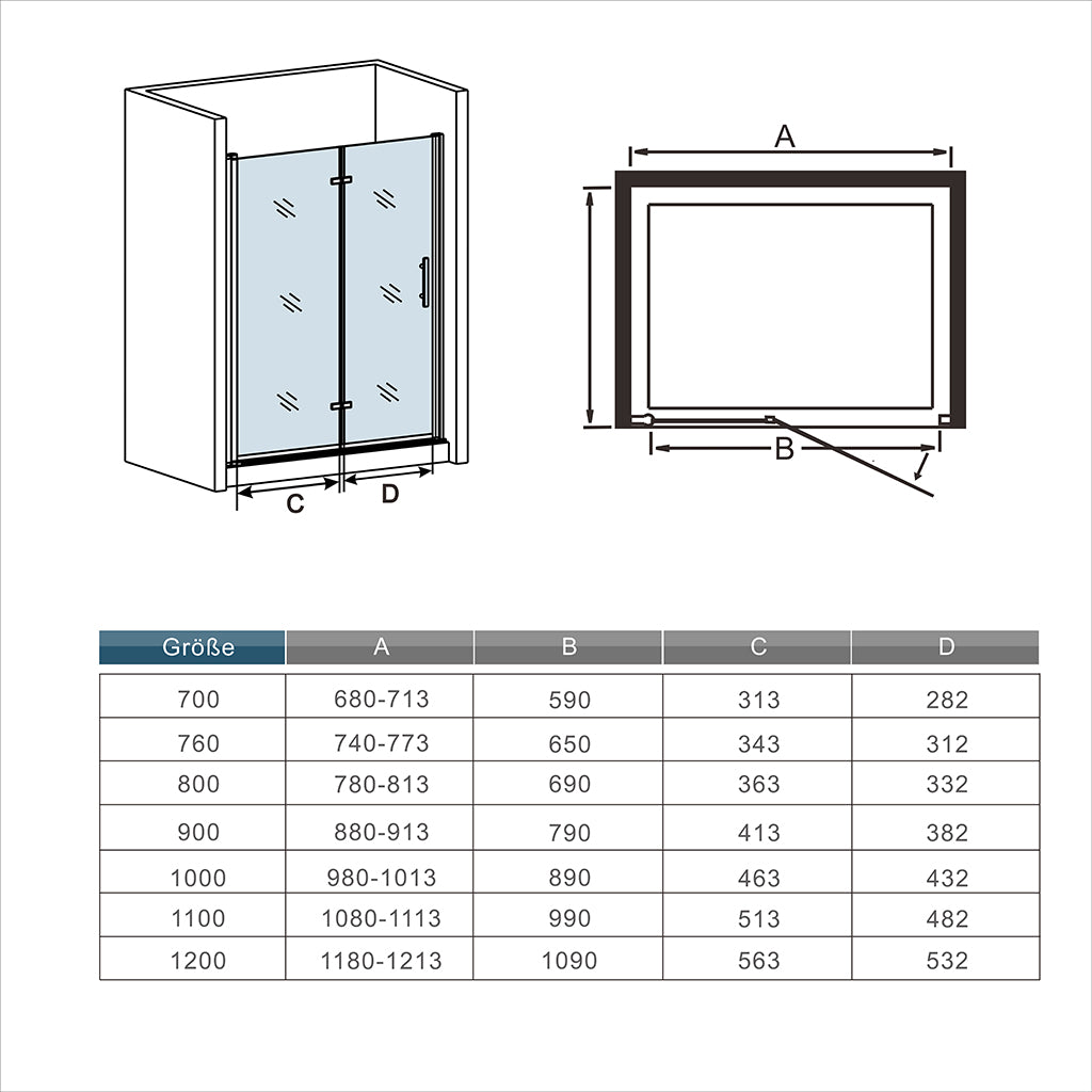 Falttür 90 x H.197 Nischentür mit Duschtasse / Duschwanne 100x90 cm & Ablaufgarnitur Duschabtrennung Glas Dimensions