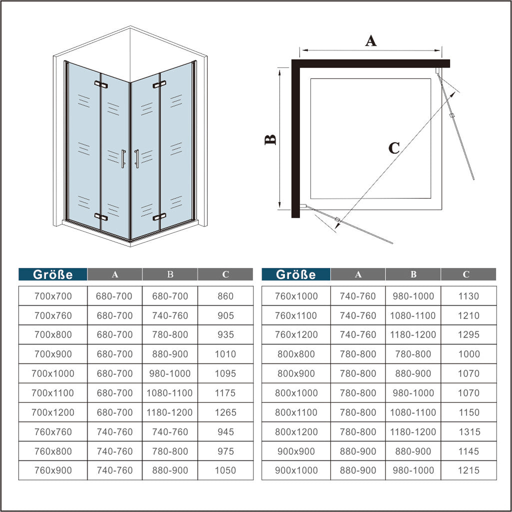 Duschkabine 120x70 x H. 195 cm falttür Dusche Eckeinstieg Duschabtrennung Glasdusche Dusche ebenerdig Schwarz Dimensions