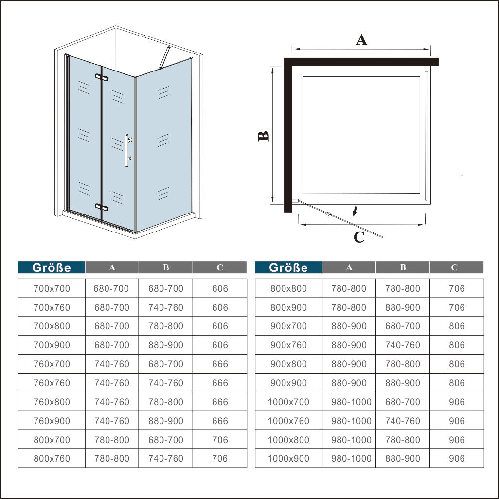 Duschkabine 76x76 x H. 185 cm falttür Dusche mit Seitenwand + Duschwanne Duschabtrennung Glasdusche Duschtrennwand Dimensions