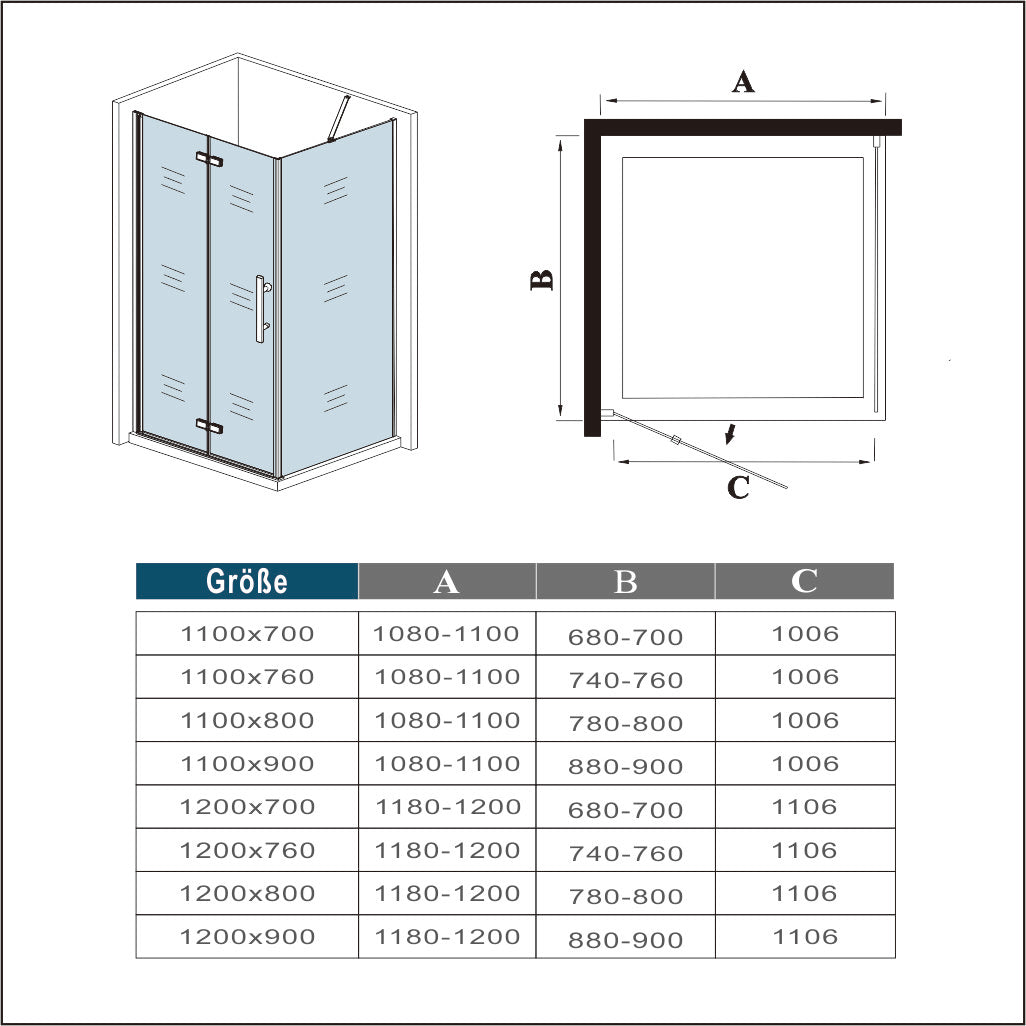Duschkabine 110x90 x H. 185 cm Falttür Drehfalttür Dusche mit Seitenwand + Duschwanne Duschabtrennung Glasdusche Dimensions