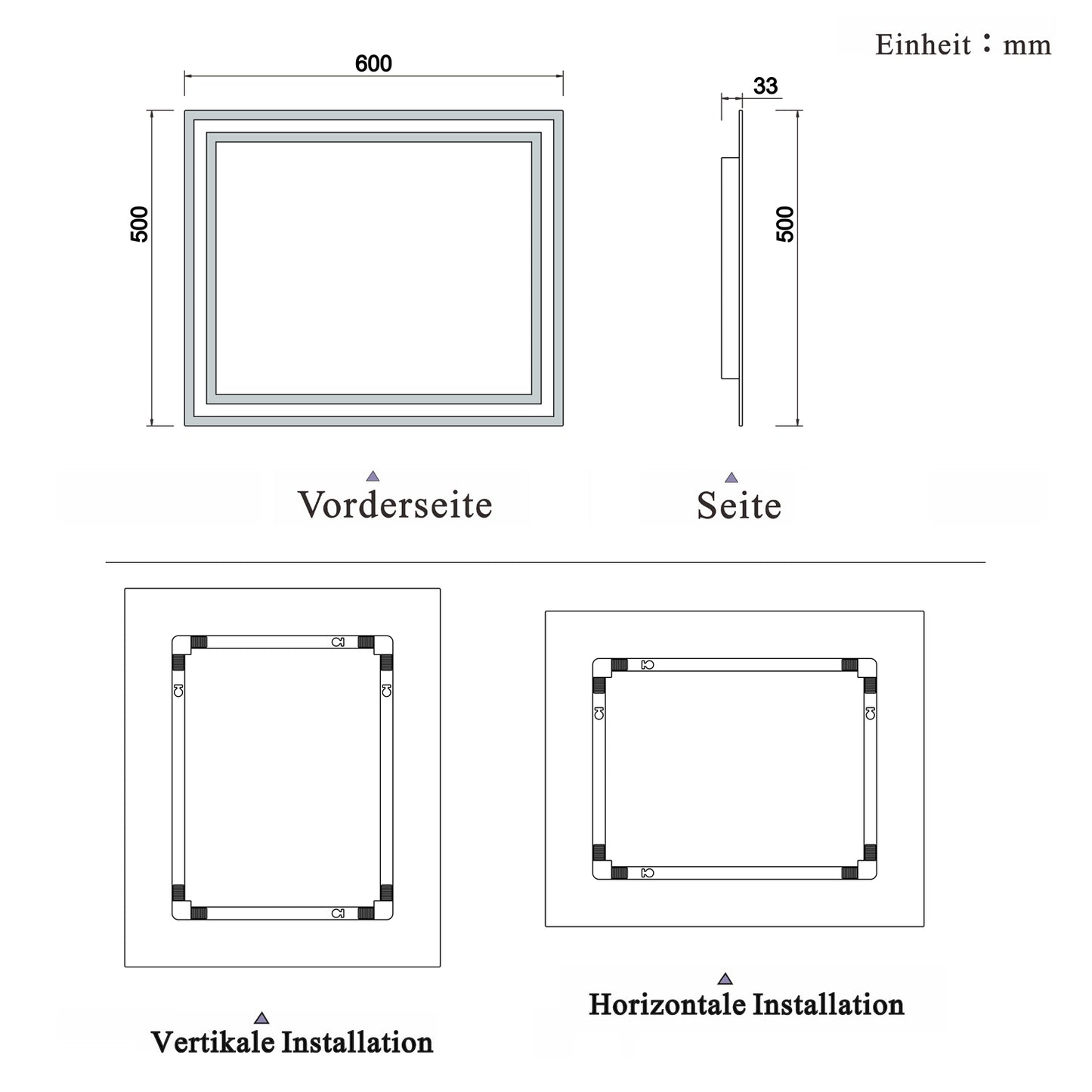 LED Spiegel 60x50 cm Wandschalter BESCHLAGFREI Spiegel mit Beleuchtung Kaltweiß Lichtspiegel Wandspiegel