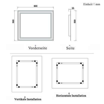 LED Spiegel 60x50 cm Wandschalter BESCHLAGFREI Spiegel mit Beleuchtung Kaltweiß Lichtspiegel Wandspiegel