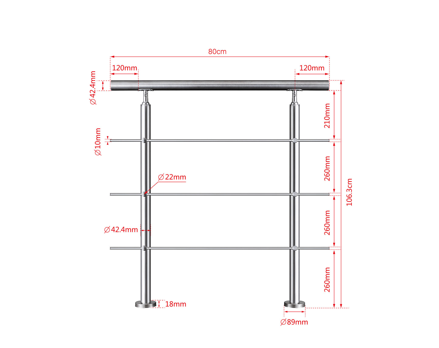 80cm Edelstahl Geländer Treppengeländer Handlauf Treppen Brüstung Innen und Außen
