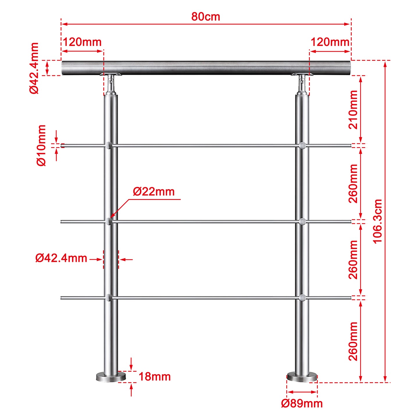 OZEAN Treppengeländer Edelstahl mit 3 Querstreben | 80 - 200 cm | 1,8mm Wandstärke Bodenmontage Silber