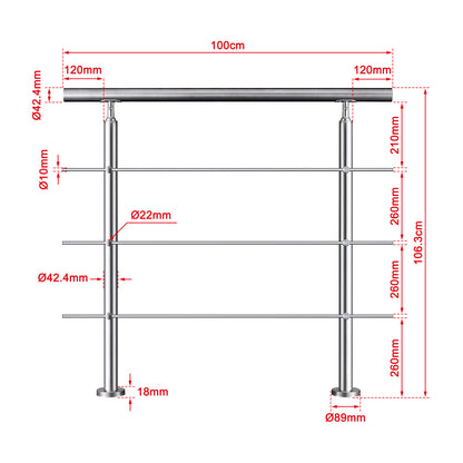 OZEAN Treppengeländer Edelstahl mit 3 Querstreben | 80 - 200 cm | 1,8mm Wandstärke Bodenmontage Silber