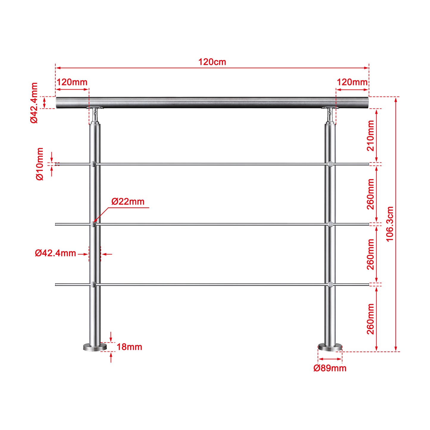 OZEAN Treppengeländer Edelstahl mit 3 Querstreben | 80 - 200 cm | 1,8mm Wandstärke Bodenmontage Silber