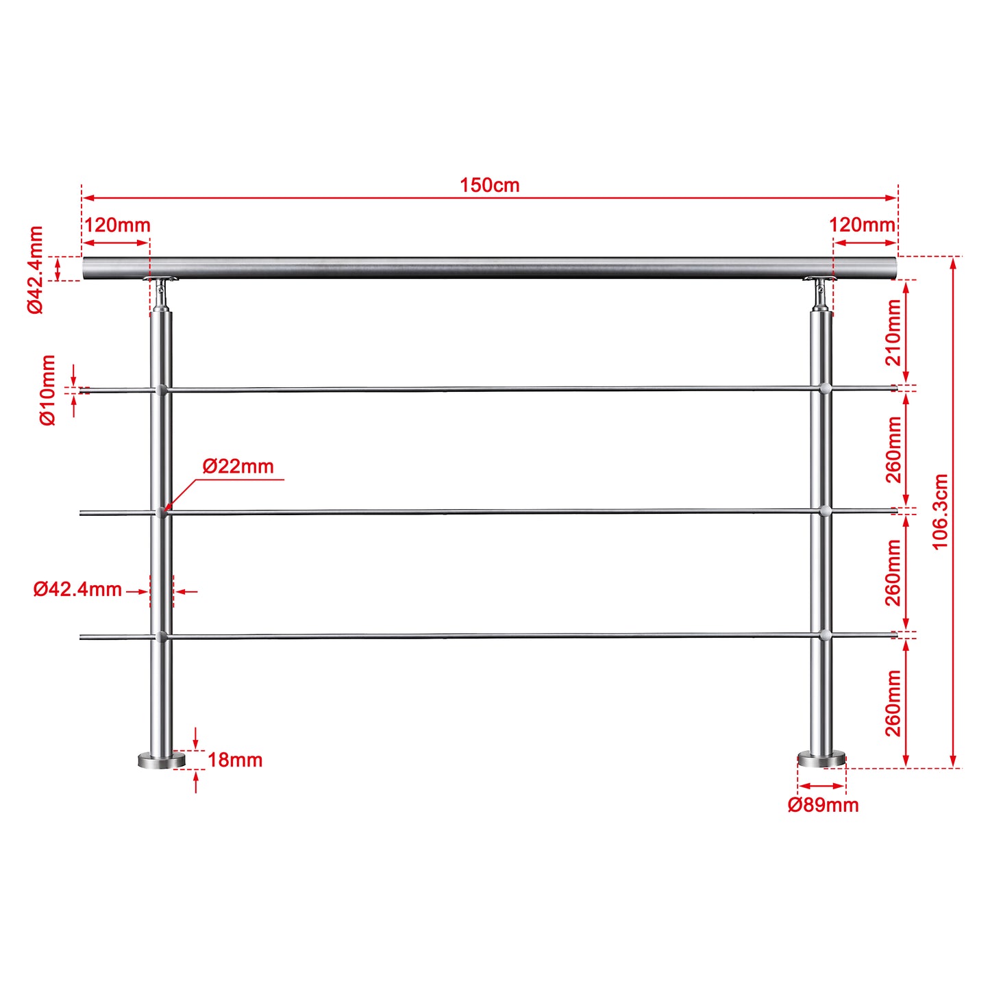 OZEAN Treppengeländer Edelstahl mit 3 Querstreben | 80 - 200 cm | 1,8mm Wandstärke Bodenmontage Silber