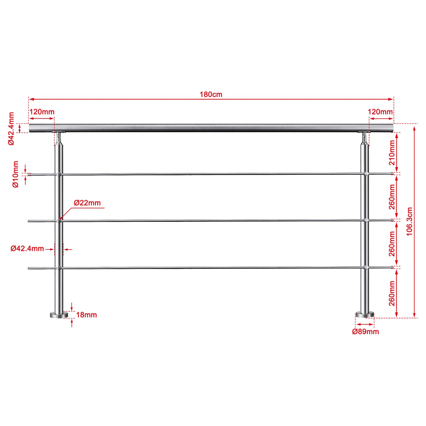 OZEAN Treppengeländer Edelstahl mit 3 Querstreben | 80 - 200 cm | 1,8mm Wandstärke Bodenmontage Silber