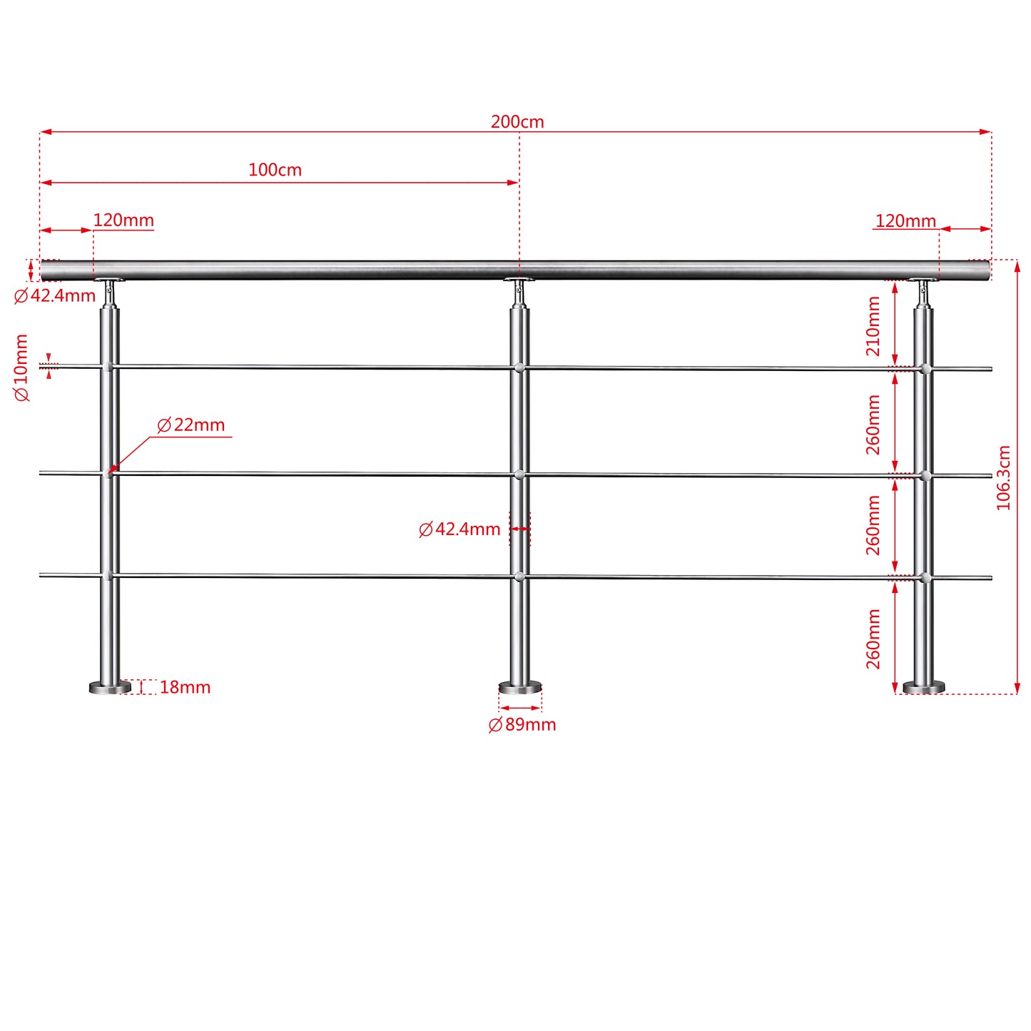 200cm Edelstahl Geländer Treppengeländer Handlauf Treppen Brüstung Innen und Außen