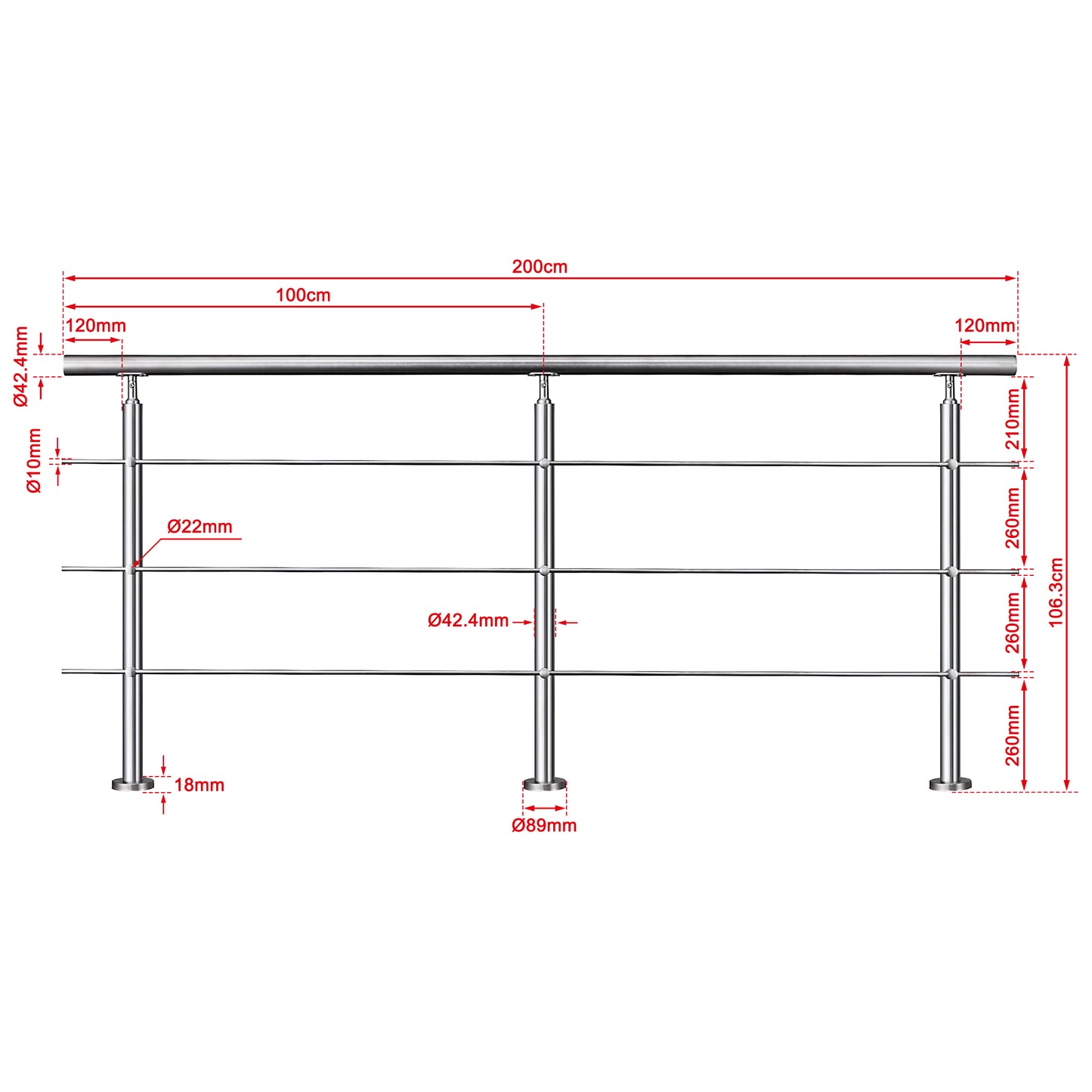 OZEAN Treppengeländer Edelstahl mit 3 Querstreben | 80 - 200 cm | 1,8mm Wandstärke Bodenmontage Silber