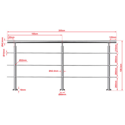 OZEAN Treppengeländer Edelstahl mit 3 Querstreben | 80 - 200 cm | 1,8mm Wandstärke Bodenmontage Silber