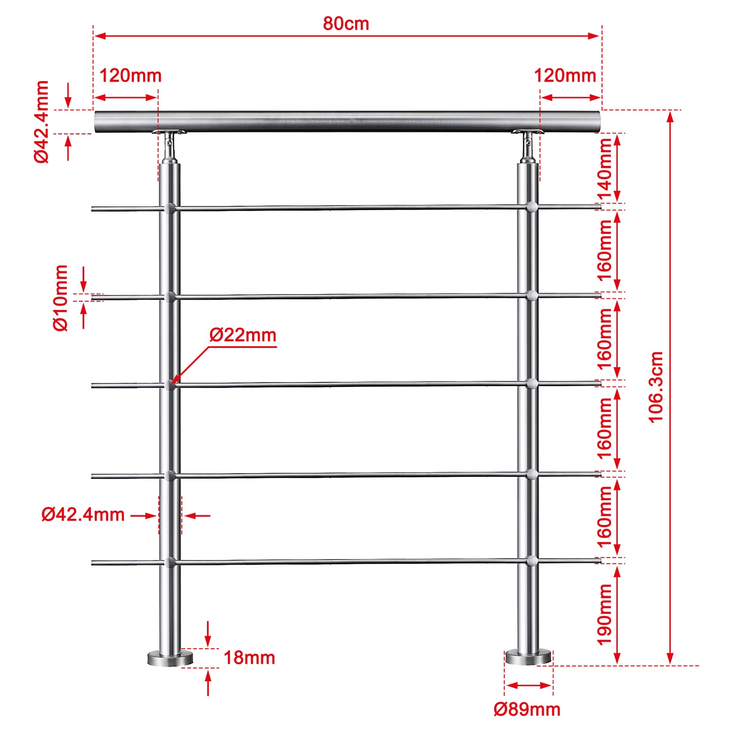 OZEAN Treppengeländer Edelstahl mit 5 Querstreben | 80 - 200 cm | 1.8mm Wandstärke Bodenmontage Silber