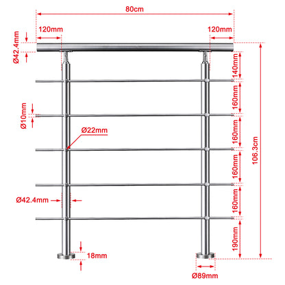 OZEAN Treppengeländer Edelstahl mit 5 Querstreben | 80 - 200 cm | 1.8mm Wandstärke Bodenmontage Silber