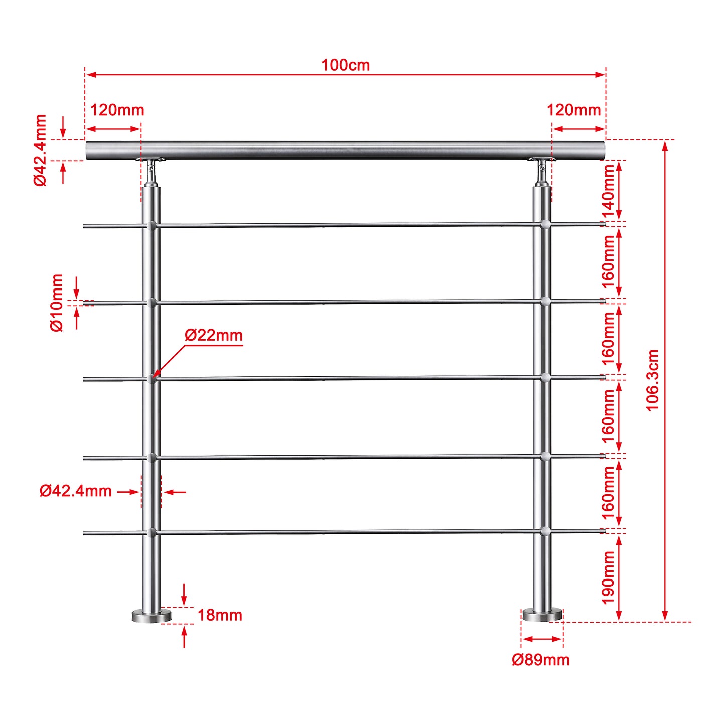 OZEAN Treppengeländer Edelstahl mit 5 Querstreben | 80 - 200 cm | 1.8mm Wandstärke Bodenmontage Silber